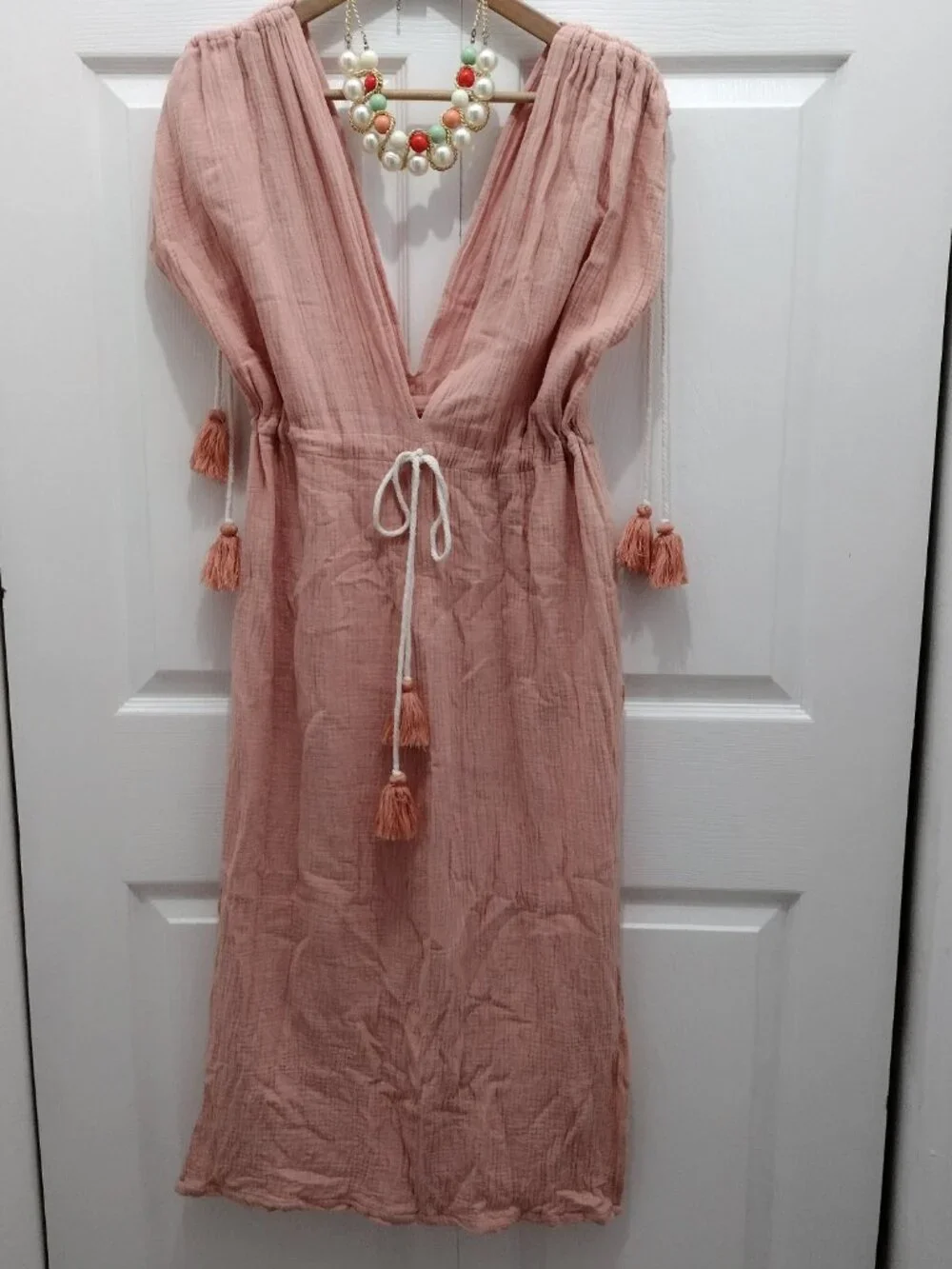 Boho Beach Cover Up Dress Peach Coral Tassel Gauze Sleeveless Resort Maxi XL 1X - Picture 4 of 7